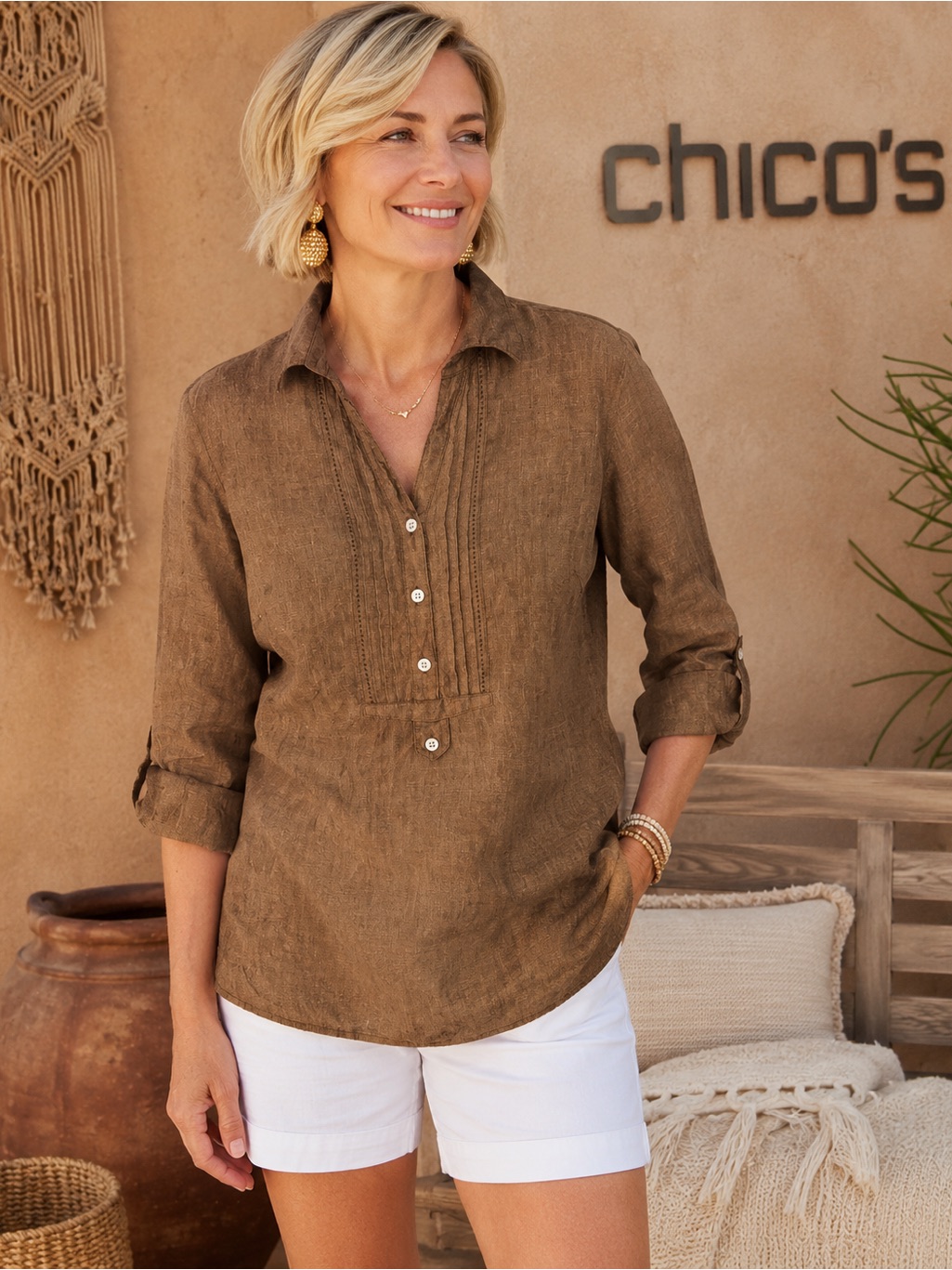 Chico's Brown Linen-Blend Pintuck Tunic Top Size S Boho Resort Coastal Vacation